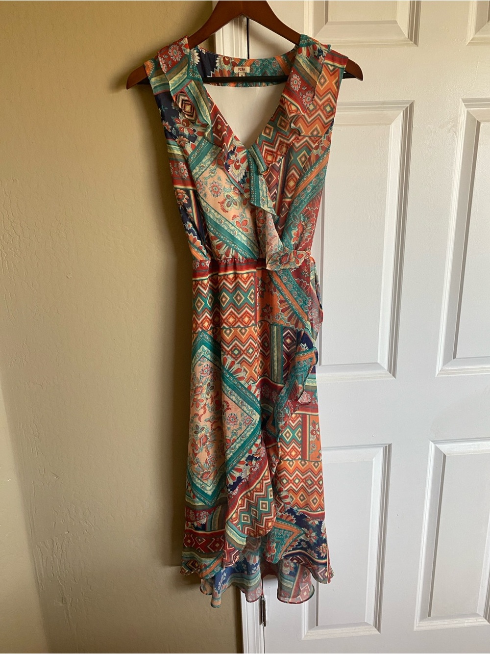 Reba M Boho Scarf Print Faux Wrap Ruffle High Low Midi Dress Tie Back